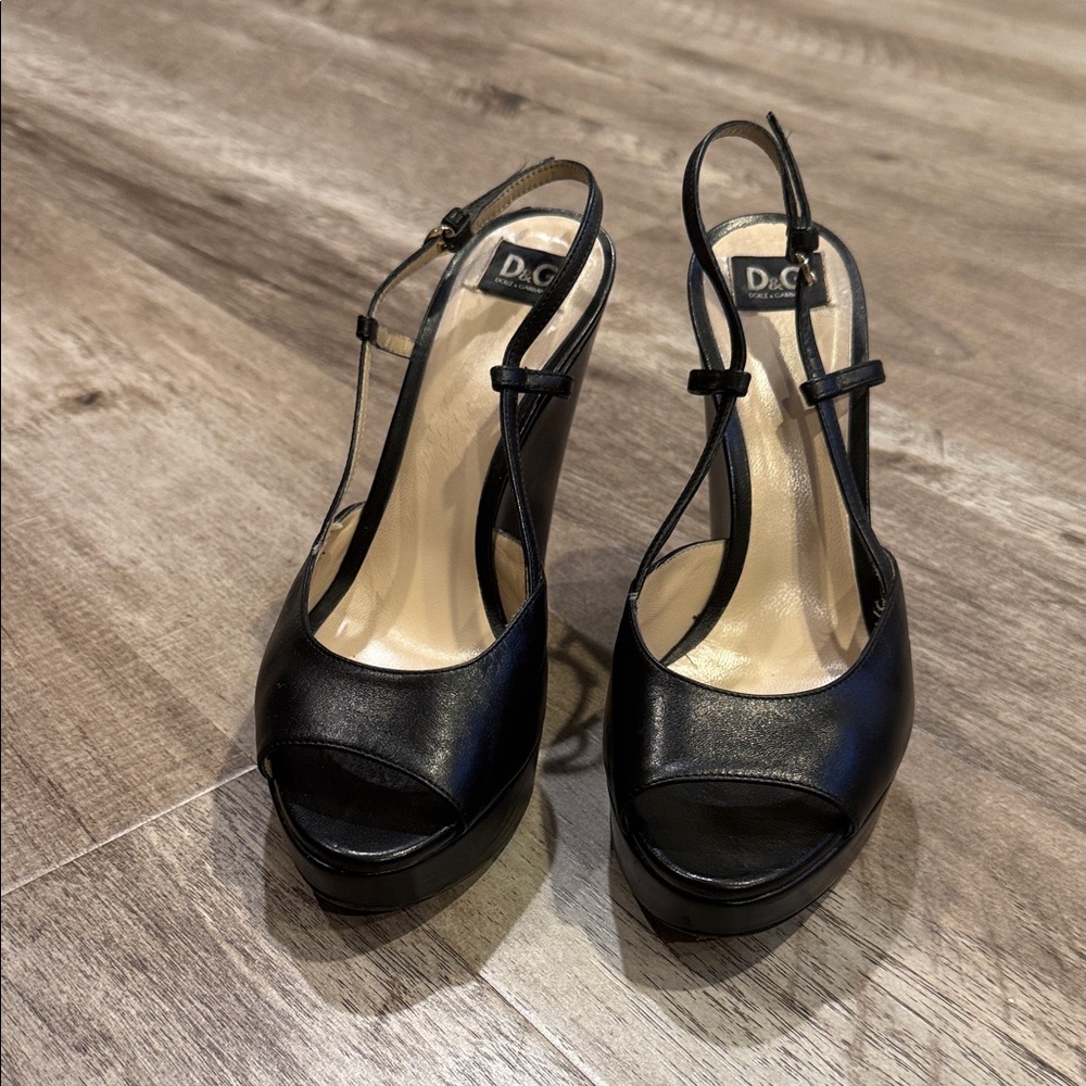 D&G Black Leather Open-Toe Platform Slingback Heels